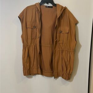 Zara Tan Hooded Vest with Pockets